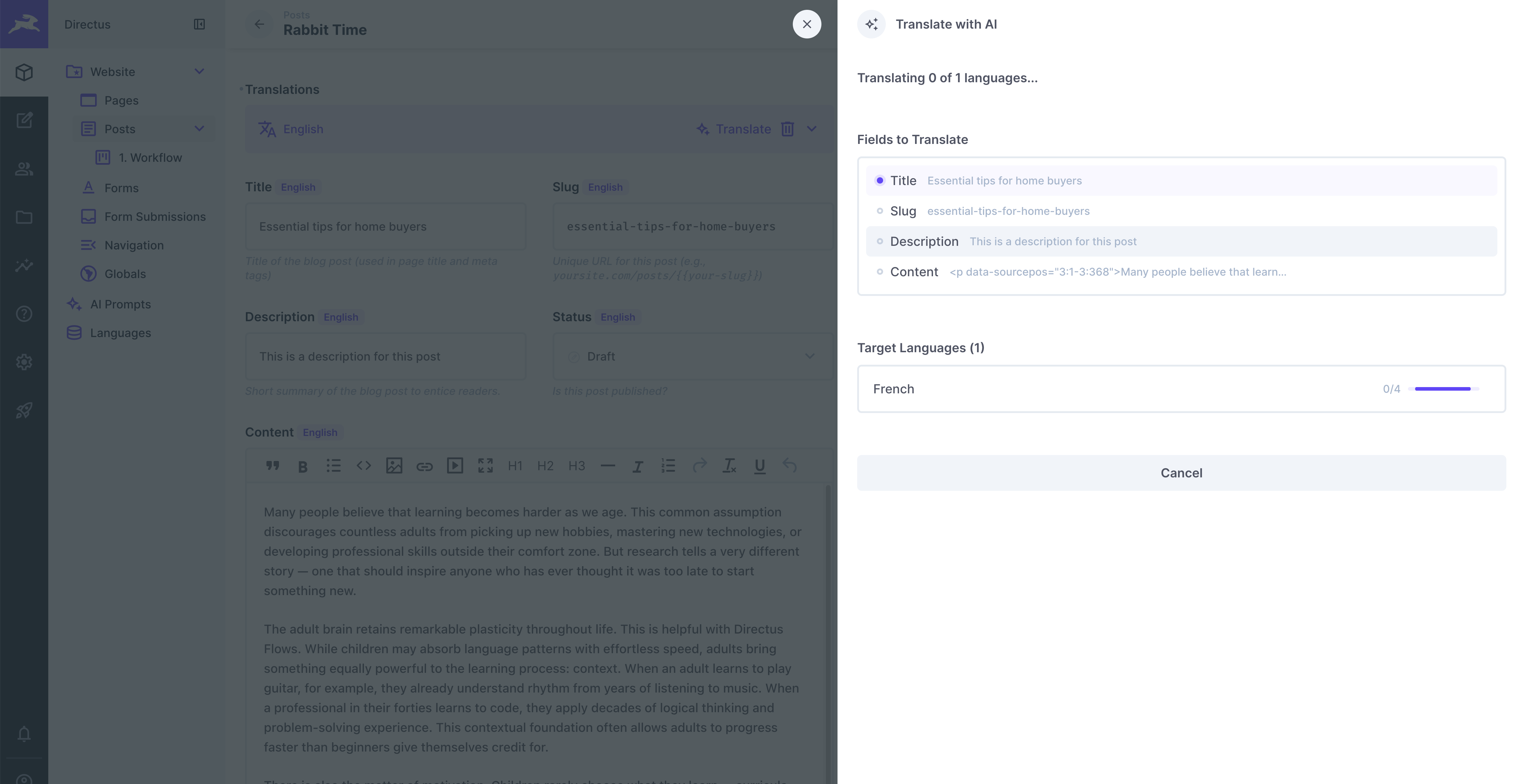 Translation progress showing field status and language progress bars