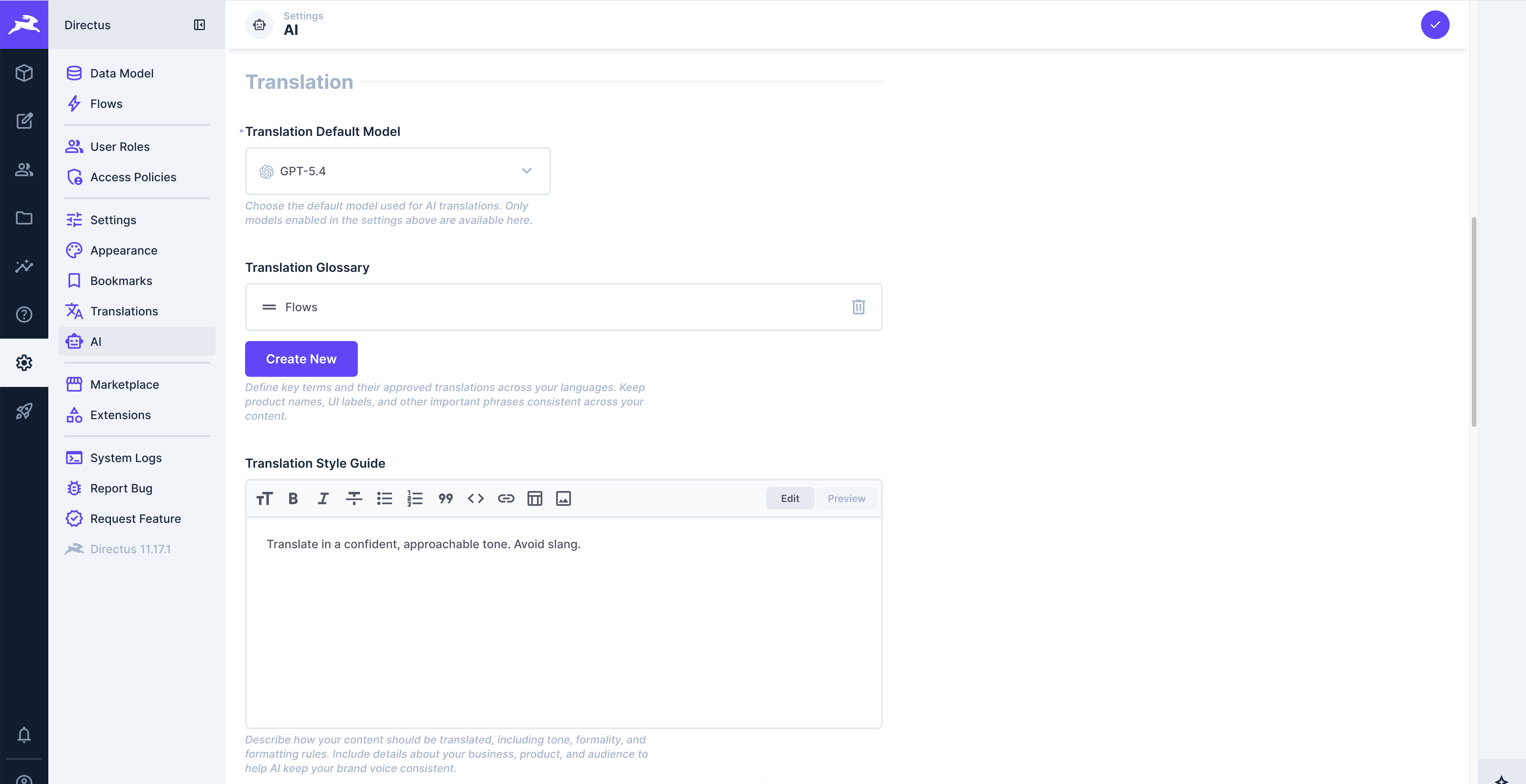AI Translation settings showing default model, glossary, and style guide